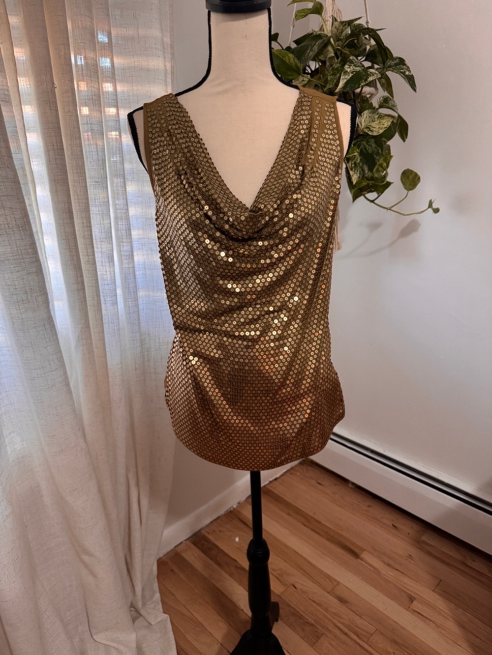 Michael Kors Gold Sequin Cowl Neck Sleeveless Top - Picture 2 of 5